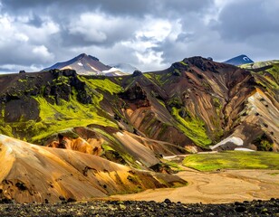 Breathtaking colorful mountains covered in green moss with cloudy sky, snow patches, and brown volcanic rock landscape