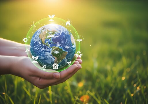 Earth globe in hands surrounded by ecology icons against a blurred green grassy background