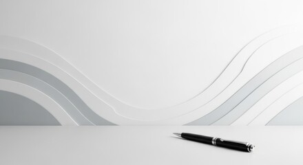 Modern clean desk with elegant pen and abstract wave background