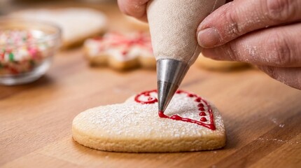 Hands decorating homemade heart-shaped sugar cookies with vibrant red icing for Valentine's Day festivities.