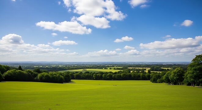 Verdant rolling hills under a vast blue sky with scattered clouds.