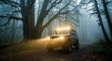 Off road vehicle exploring a mysterious misty mossy forest