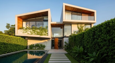 Modern luxury home with striking architecture and swimming pool