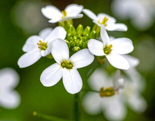 Up-close shot of a cluster of white flowers with yellow centers and green buds, blurred background