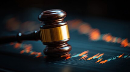 A wooden gavel rests on a digital display, symbolizing justice and law, with vibrant graphical elements suggesting data trends or financial information.