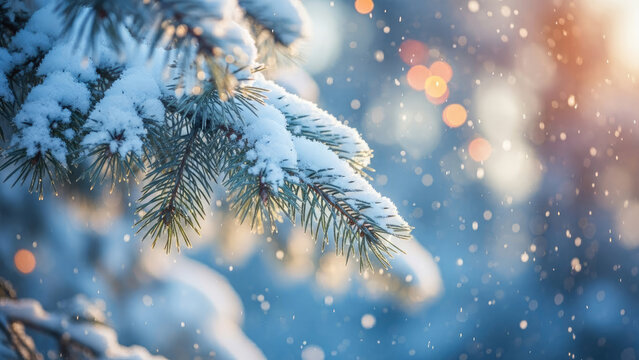 Snow-covered pine boughs glisten in the winter light, a stunning scene for holiday cards, seasonal promotions, and festive winter decor projects, capturing the serene beauty