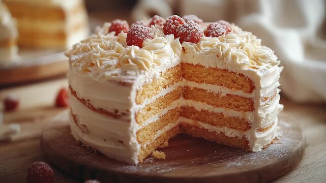 Delicious layered cake with raspberries on top