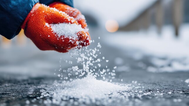 A pair of gloved hands releases salt onto a snowy surface, illustrating winter maintenance and safety in icy conditions.