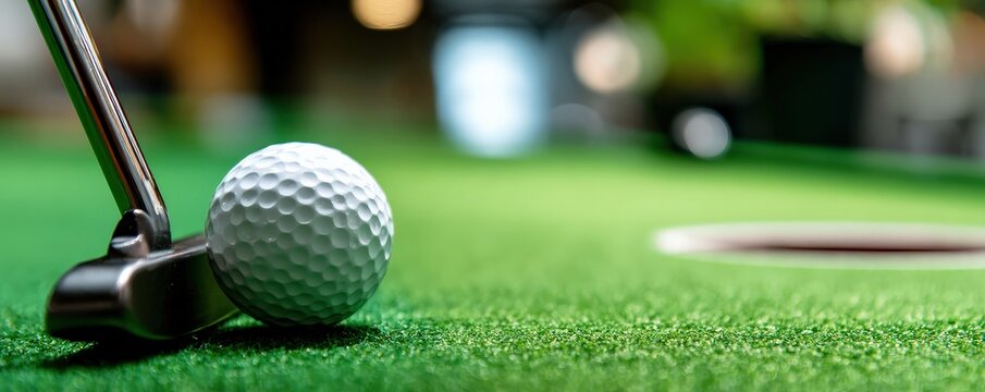A close-up of a golf ball on a green surface, poised near a hole, with a putter ready for the next shot, suggesting a moment of focus in a game.