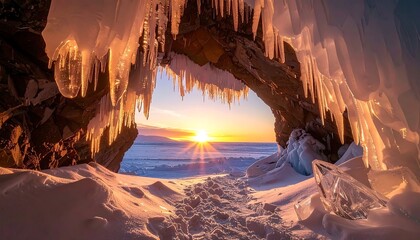Cave framed with icicles and snow with a vivid, glowing sunset in the distance over frozen water