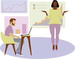 Tables and graphs, vector image explanation of a graph, learning, business, growth ideas, a girl explaining to a guy in the form of tables and graphs, graphs and tables on the walls, marketing, compan