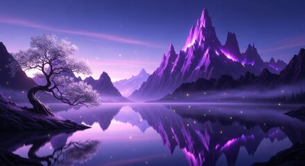 Magical Purple Mountains Reflected in a Tranquil Lake at Night
