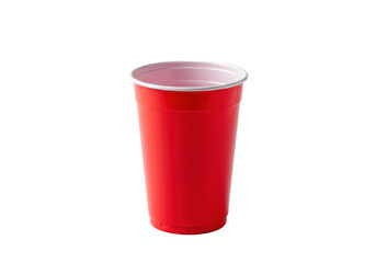 Empty, vibrant red plastic solo cup with a white rim, pristine, smooth, and reflective, isolated against a seamless transparent studio background with copy space. Party celebration concept