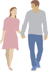 Shopping, discounts, vector image of a couple in a store, a girl with bags, walking from shopping, a couple with shopping bags, happy guy and girl, guy and girl walking hand in hand, smiling at each o