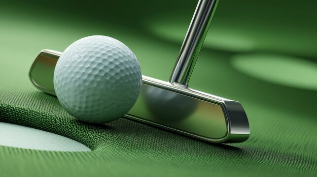 A close-up of a golf ball and putter on a green surface, highlighting the sport of golf and the precision involved in putting. - Powered by Adobe