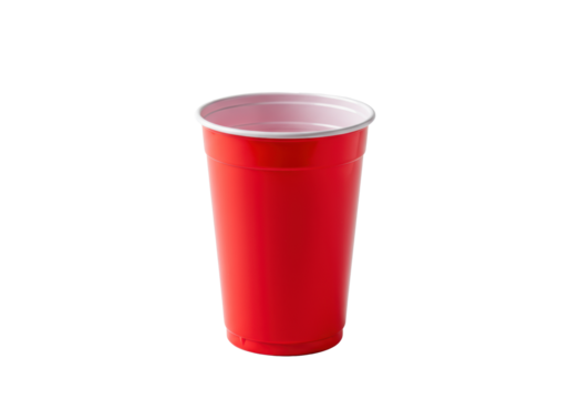 Empty, vibrant red plastic solo cup with a white rim, pristine, smooth, and reflective, isolated against a seamless transparent studio background with copy space. Party celebration concept