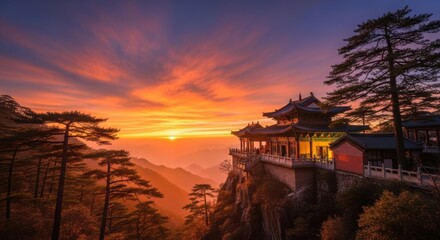 Majestic sunrise over a mountain range with traditional architecture