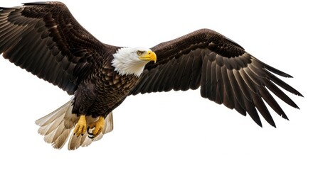 Majestic bald eagle flying with wings spread wide against white background