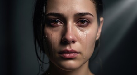 Emotional portrait of a young woman crying with tears