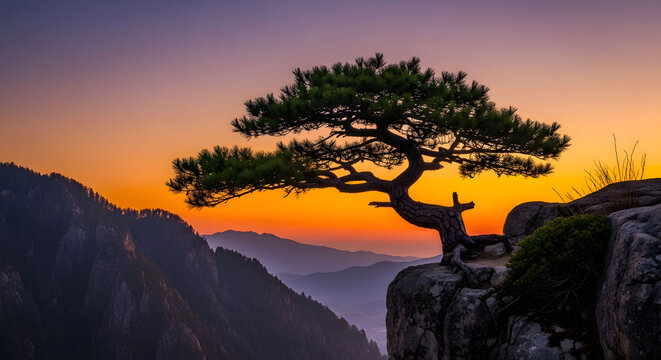 Lone Tree on Cliffside at Sunset with Vibrant Orange Sky a Serene Landscape Beauty and Tranquil Vista Standing Tall Against Colorful Backdrop Nature's Resilience