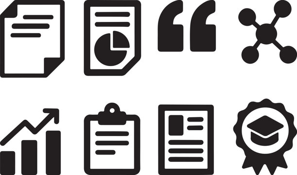 Scientific Paper and Citation Icons &ndash; Black Silhouettes.