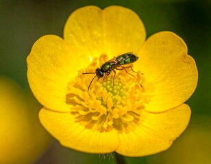 A vibrant yellow buttercup, with a tiny, iridescent insect resting on its petals in a soft, blurred green field
