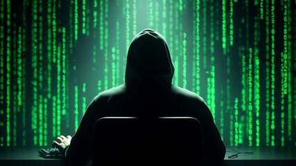 Hacker sits at computer in dark room with glowing green code cascading down screen, symbolizing cybersecurity threat and digital age, creating suspenseful atmosphere.