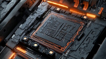 Fototapeta premium Industrial Heavy Duty PCB Circuit Board Engineering Automation Hardware. Futuristic Component Control System Factory Equipment High-Quality 3D Render Microprocessor