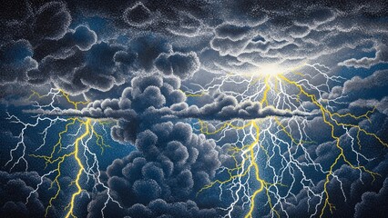 A dramatic and intense illustration of a stormy sky with dark, heavy clouds and multiple bright lightning strikes illuminating the scene.