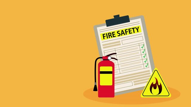 Fire fighting checklist. Extinguisher and paper tablet with checkmarks. Document at clipboard. Firefighting safety. Flame prevention checklist page. Extinguishing guidance
