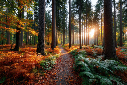 Golden autumn forest path at sunrise