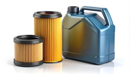 Auto maintenance items two filters, yellow and black, next to a blue plastic container, glossy surface