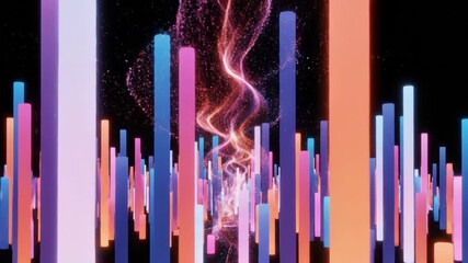 Dynamic abstract cityscape in vibrant neon colors, perfect for a modern tech background or futuristic design project, with light trails and movement - Powered by Adobe