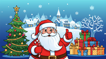 A charming cartoon illustration of Santa Claus giving a thumbs up in a snowy village with a Christmas tree and presents, perfect for f.eps files