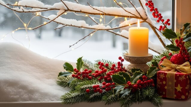 A christmas window scene with a candle gift holly berries and snow covered branches with lights - Powered by Adobe