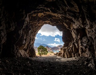 Cave opening to serene view lone tree, mountains, partly cloudy sky