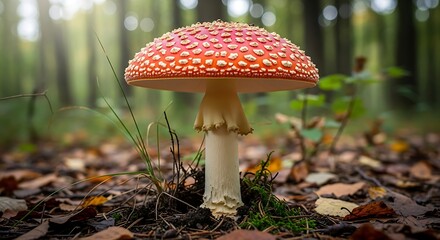 A single red-capped mushroom with white spots grows in a forest.