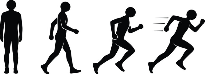 Progression of human movement standing walking and running silhouette illustration