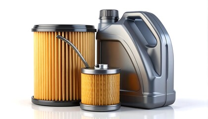 Automotive supplies including oil container and filters on a reflective white surface, brightly lit