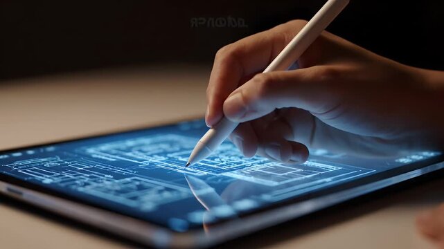 Hand Drawing on Tablet Displaying Blue Architectural Blueprint Under Warm Lighting in a Dark Room Creating a Focused and Technological Atmosphere