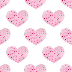 Pink hearts. Hand drawn watercolor seamless pattern of hearts. Valentine's Day. Law of couples. Love.
