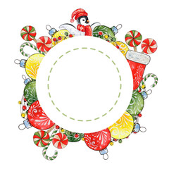 Round frame with Christmas design for text, watercolor illustration. New Year's design featuring Christmas tree balls, a stocking, garland, candy canes, penguin.