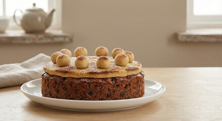 Delicious homemade fruit cake with marzipan balls on a white plate in a cozy kitchen setting