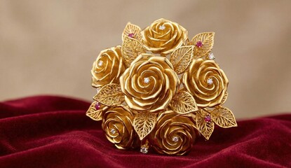 Ornate Bouquet of Gold Roses with Intricate Leaves and Jewel Accents on Red Velvet Fabric