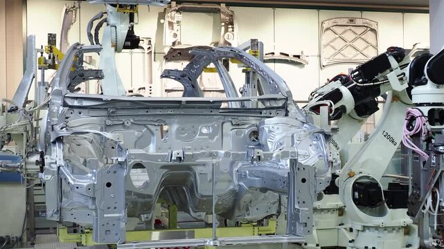 車製造ラインの溶接ロボットによる車体溶接の風景