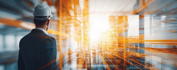 A construction professional observes a futuristic building site with digital overlays, suggesting innovations in architecture and engineering.