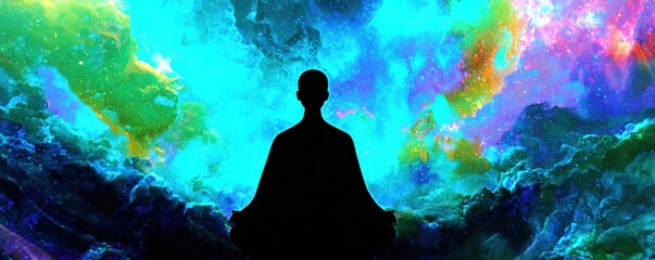 A vibrant cosmic scene featuring a silhouetted figure in a meditative pose, surrounded by colorful nebulae and abstract cosmic elements.