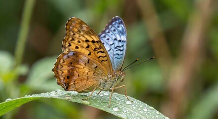 Colorful butterfly perched on a green leaf with dew drops in a natural setting