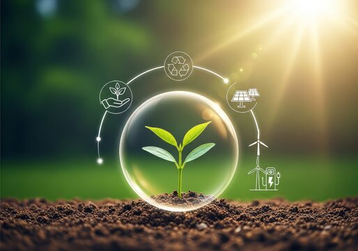 A seedling in a bubble surrounded by sustainability icons on soil with a green background