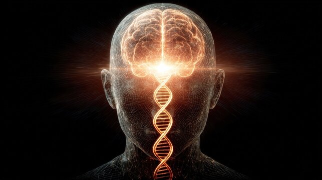 A digital illustration depicting a human head with a glowing brain and DNA helix, symbolizing knowledge, genetics, and consciousness.